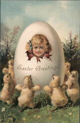 Easter Greetings, Girl in Egg with Chicks Postcard