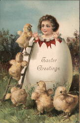 Easter Greetings, Baby Chick Hatching, Chicks & Ladder Postcard