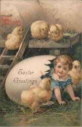 Easter Greetings, Baby Chick Hatching from Giant Egg Postcard