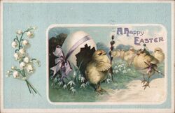 Happy Easter Chicks Hatching, Lily of the Valley Flowers Postcard