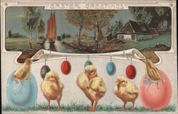 Easter Chicks & Eggs, River Scene Postcard