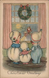 Three Children Watching Santa Claus through Window, Christmas Greetings Danny D. Hyer Postcard Postcard Postcard