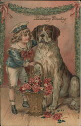 Boy with Saint Bernard Dog and Basket of Flowers, Birthday Greeting Postcard