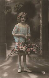 Girl with Flower Basket, Bonne Fête Postcard