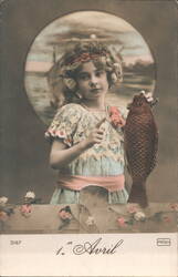 1er Avril, April Fools Day Postcard, Girl with Fish Postcard