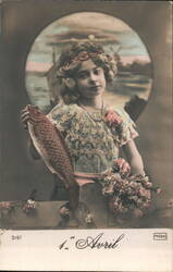 1er Avril Girl with Fish and Flowers Postcard April Fools Day Postcard Postcard