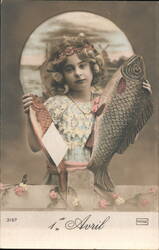 1er Avril, April Fool's Day Postcard, Girl with Fish April Fools Day Postcard Postcard