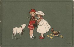 Easter Children with Lamb, Chicks, Basket, Flowers Postcard