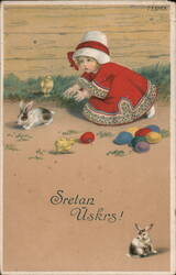 Little Girl with Easter Eggs, Chicks and Bunnies Postcard