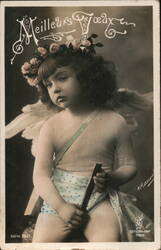 Cherubic Angel Child with Floral Crown, Wings, & Arrow Postcard