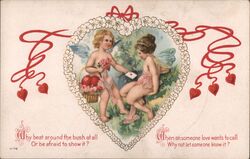 Two Cupids with Valentine Letter and Flowers Postcard