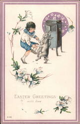 Easter Greetings Little Boy Dancing with Rabbits by Phonograph Postcard