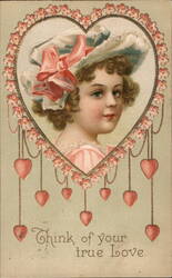 Valentine Greeting Postcard, Girl in Heart, Think of Your True Love Postcard