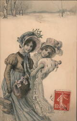 Two Girls with Muff & Doll, Winter Scene Postcard