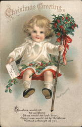 Christmas Greeting, Child with Holly Sprig and Letter Postcard