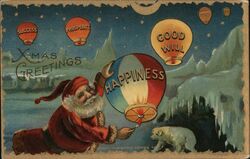 Santa Lights Happiness Hot Air Balloon, Merry Christmas Santa Claus Postcard Postcard Postcard