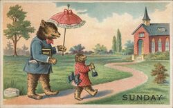 Papa Bear and Baby Bear Walking to Church on Sunday Postcard