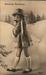 Gelukkig Kerstfeest. Girl in Fur-trimmed Coat with Gift, Snowy Scene Children Postcard Postcard Postcard