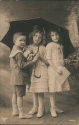 Three Children with Umbrella and Flowers, Birthday Greeting Postcard