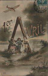 1er Avril (April Fools Day) Postcard, Children with Fish Postcard