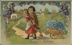 Boy and Girl Pulling Cart of Forget-Me-Nots, Happy Birthday Postcard Postcard Postcard