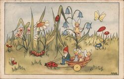 Gnome, Fairies, & Ladybug Carriage in a Flower Garden Postcard