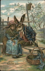 Anthropomorphic Easter Rabbits Couple on Bench Postcard