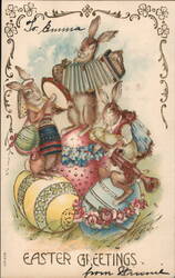 Easter Bunnies Playing Musical Instruments on Eggs Postcard