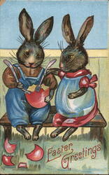 Two Easter Bunnies with Spoons and Eggshells Postcard