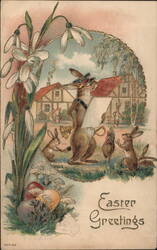 Easter Greetings, Rabbit Mail Carrier with Letter, Chicks, Bells, Eggs Postcard