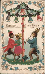 Anthropomorphic Rabbits Celebrate Easter Postcard