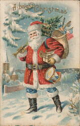 A Bright Christmas - Santa Claus with American Flag and Toys Postcard Postcard Postcard