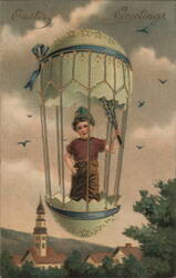 Boy in Easter Egg Hot Air Balloon With Children Postcard Postcard Postcard