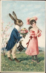 Anthropomorphic Rabbit in Suit Presents Flowers to Girl - Easter Postcard