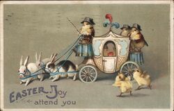 Easter Chicks in Carriage Pulled by Rabbits Postcard