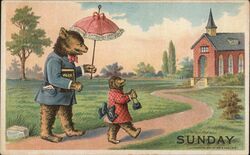 Papa Bear and Baby Bear Walking to Church on Sunday Postcard