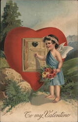 Cupid Knocking on Heart Door Valentine Postcard Postcard