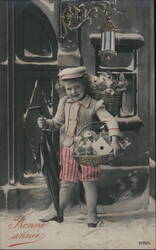 Child with Flowers, Umbrella, Bonne Annee Postcard