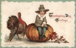 Thanksgiving Greetings Pilgrim Boy on Pumpkin Turkey Postcard