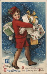 Boy with Christmas Gifts, Joyous Christmas Postcard