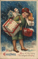 Boy with Christmas Gifts, May All Thy Hours Be Winged With Joy Children Ellen Clapsaddle Postcard Postcard Postcard