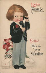 Boy with Phone, Love's Message, Valentine's Day Postcard Postcard