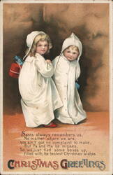 Two Girls in White Gowns with Christmas Gifts Postcard