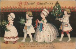 Four Children with Christmas Tree, Stockings, Holly Postcard Postcard Postcard