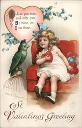 Valentine Greeting, Girl with Parrot and Hearts Postcard