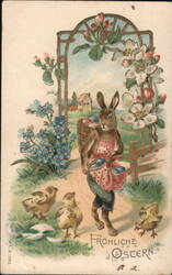 Happy Easter, Rabbit with Eggs and Chicks, Forget-Me-Nots, Apple Blossoms Postcard