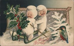 Snow Babies on Sled, A Joyful Christmas Snowmen Postcard Postcard Postcard