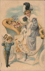 Woman Exiting Carriage, Cherub Greets Her Postcard