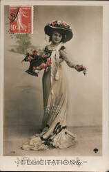 Woman in Floral Hat with Bouquet, Félicitations Postcard