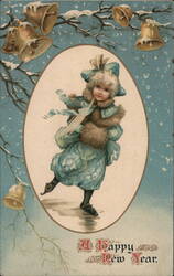 Little Girl Ice Skating, Happy New Year Children Postcard Postcard Postcard